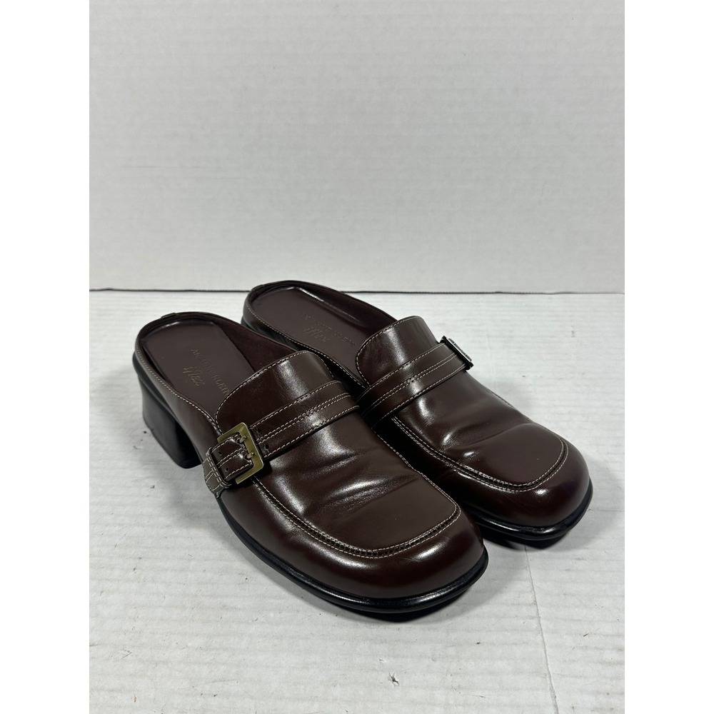 AK Anne Klein iFlex Brown Leather Mule Clogs Square Toe‎ Block Heel Buckle 8M